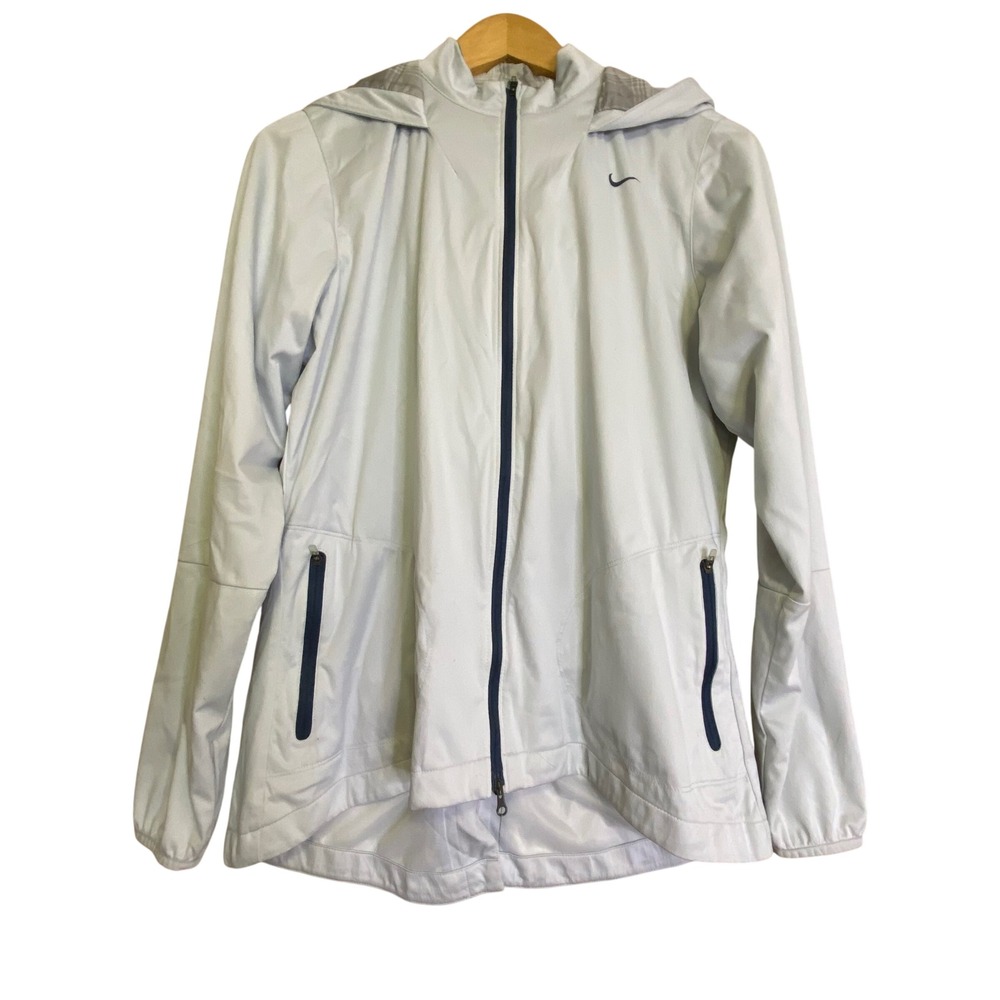 Nike Womens L Windbreaker Jacket Lt Grey Full Zip Hooded Plaid Lining 509348-055